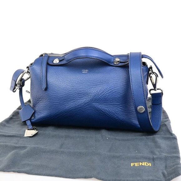 FENDI Logo By The Way 2Way Shoulder Hand Bag Leather Blue Silver Italy - Picture 1 of 16